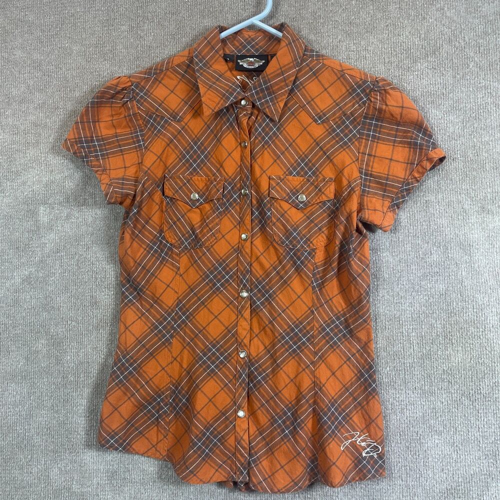 Harley Davidson Western Shirt Womens S Orange Brown Plaid Snap Biker Y2K Cowgirl